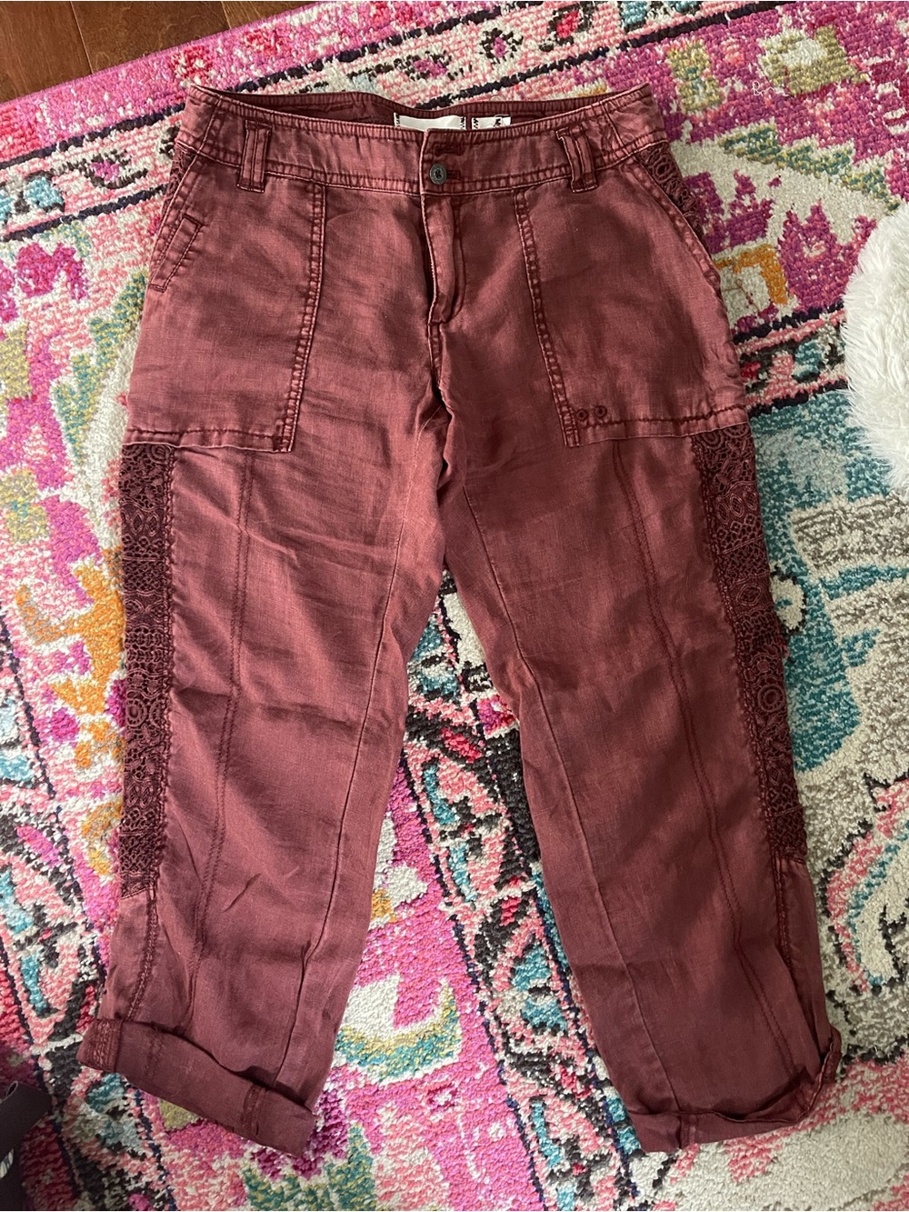 Women’s Cropped Cargo Pants with Lace Side Panels - Burgundy